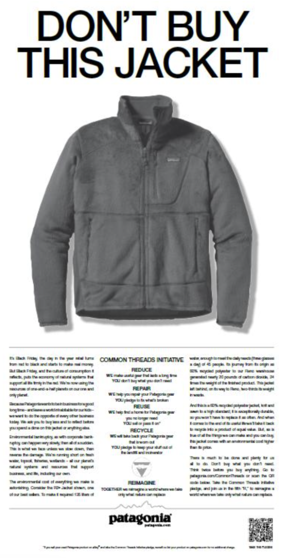 An example of how Patagonia issued a full-page advert in the New York Times urging customers to rethink their Black Friday purchases, even at the risk of missing out on extra cash.