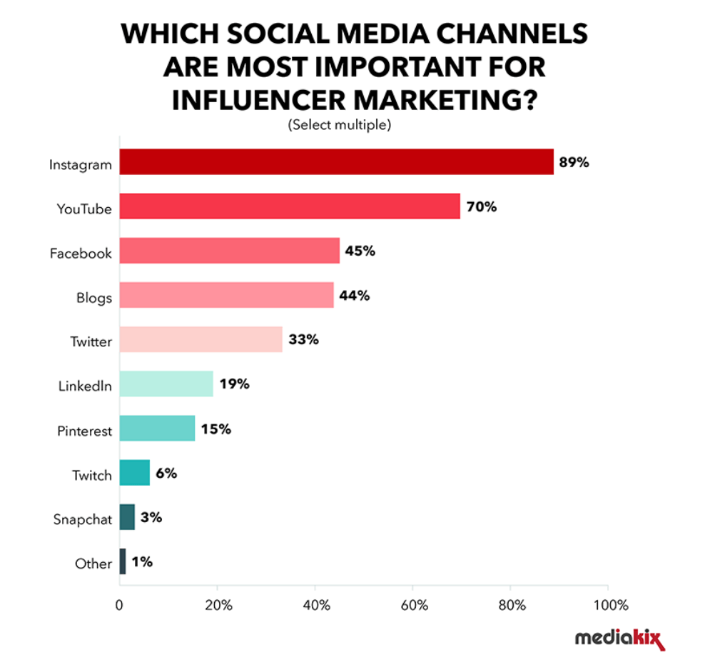 A graph showing which social media channels are most important for influencer marketing.