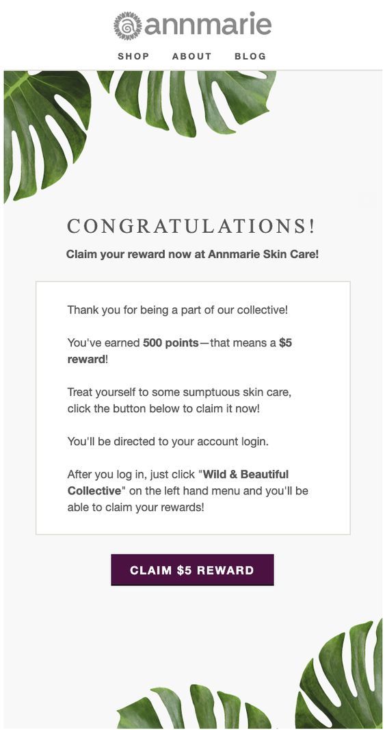 How to retain new customers: Annmarie monthly reward reminder email 