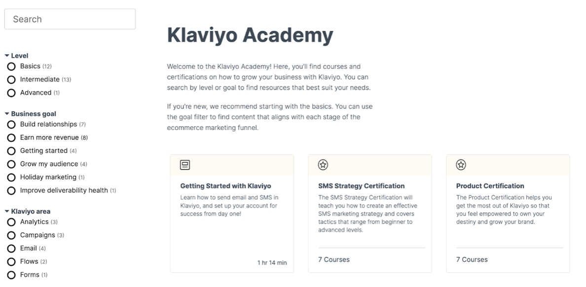 Free marketing courses: Klaviyo Academy